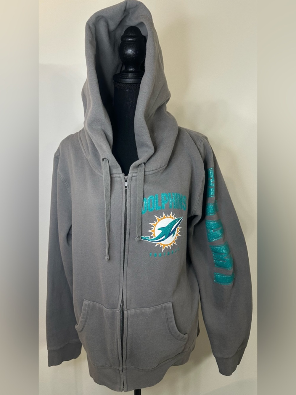 NFL Team Apparel Womans Miami Dolphins Gray Zip Hoodie w/Teal & Orange Logo - XL
